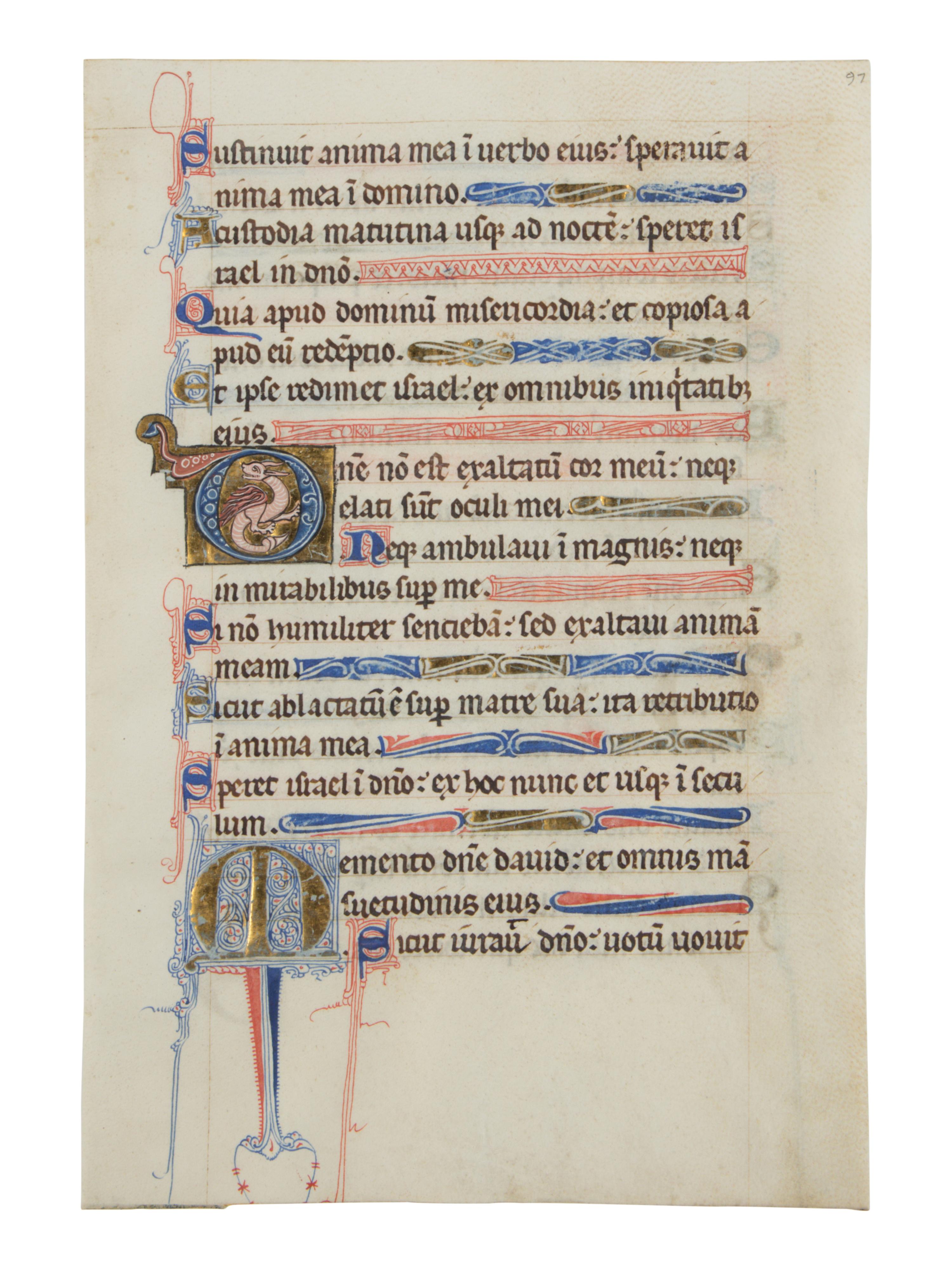 NORTHERN FRENCH ILLUMINATOR Leaf from a Psalter with an inhabited initial ‘D’ from the beginning of Psalm 130, and a decorated initial ‘M’, in Latin, illuminated manuscript on parchment [France or Paris, c. 1200-1250]