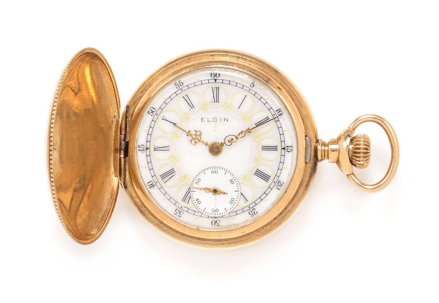 A 14 Karat Tricolor Gold and Diamond Hunter Case Pocket Watch, Elgin, Circa 1907, 22.40 dwts.