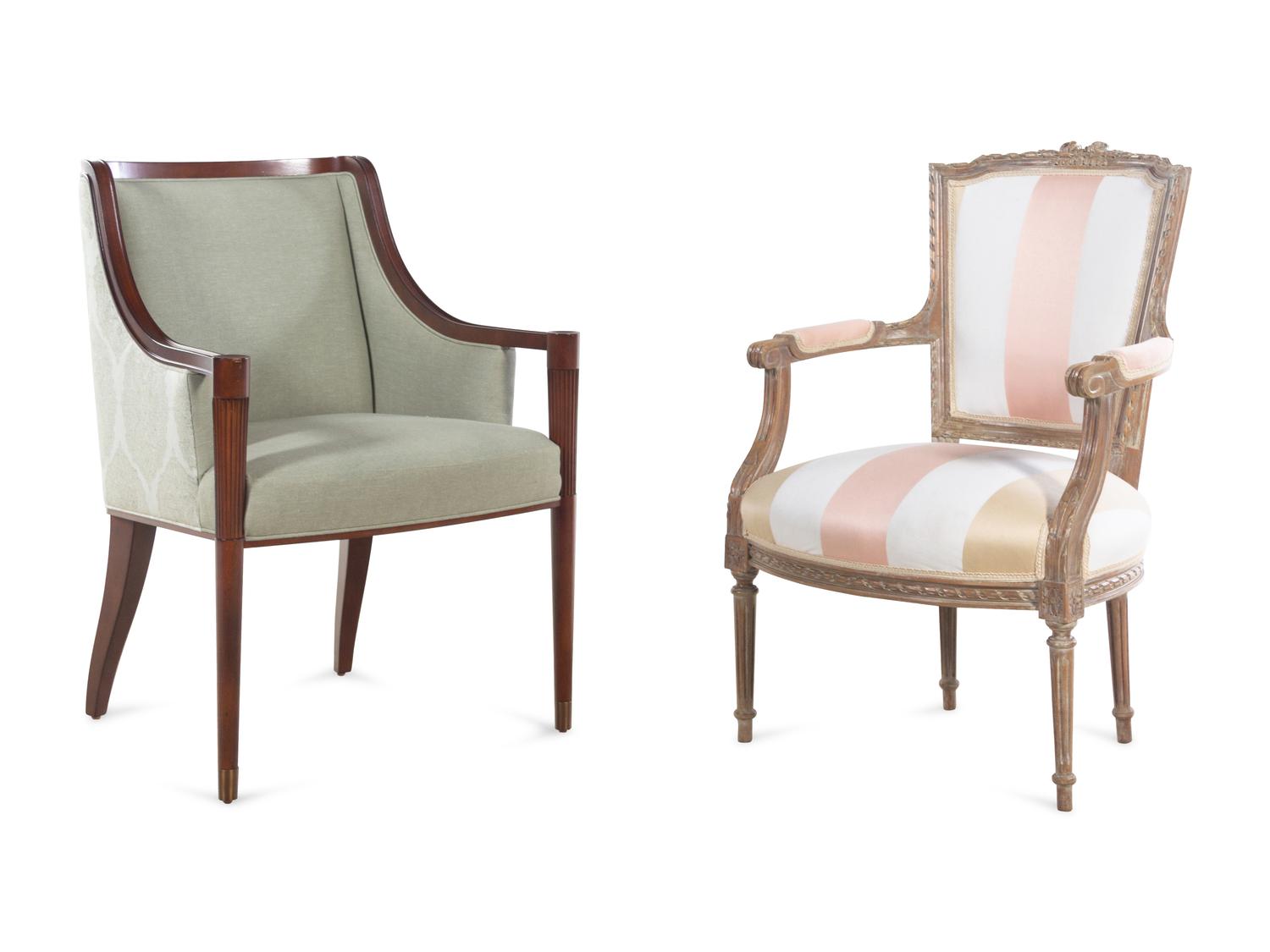 A Pair of Louis XVI Style Fauteuils and an Armchair with Reeded Legs