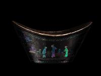 A Set of Six Mother-of-Pearl Inlaid Black Lacquer Ingot-Form Cups