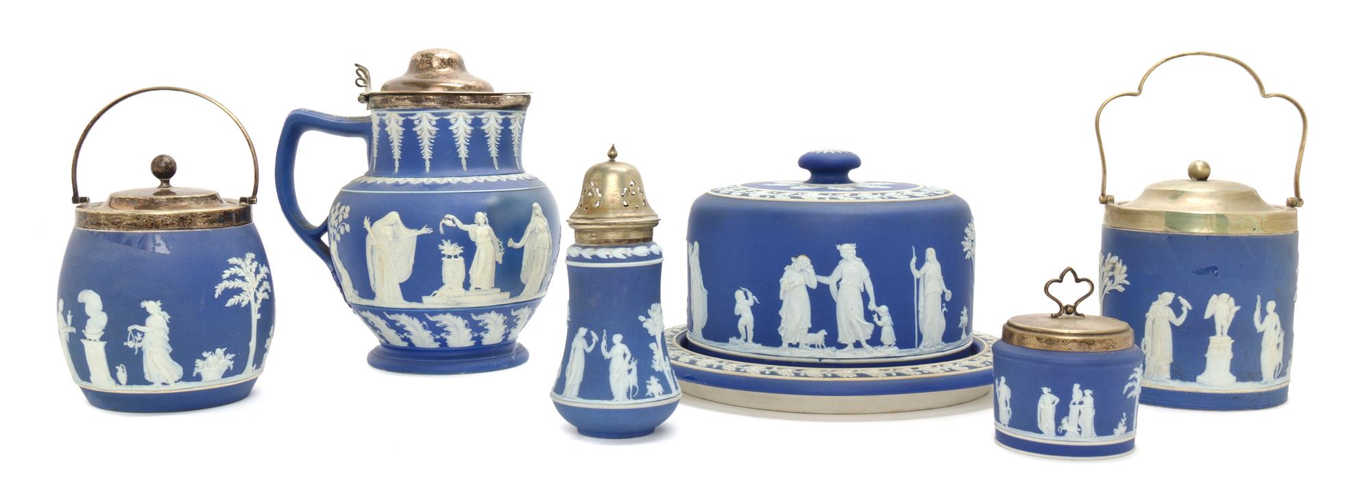A Group of Five Wedgwood Jasperware Table Articles, Diameter of first 11 1/4 inches.