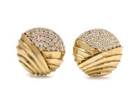 A Pair of 14 Karat Yellow Gold and Diamond Earclips,