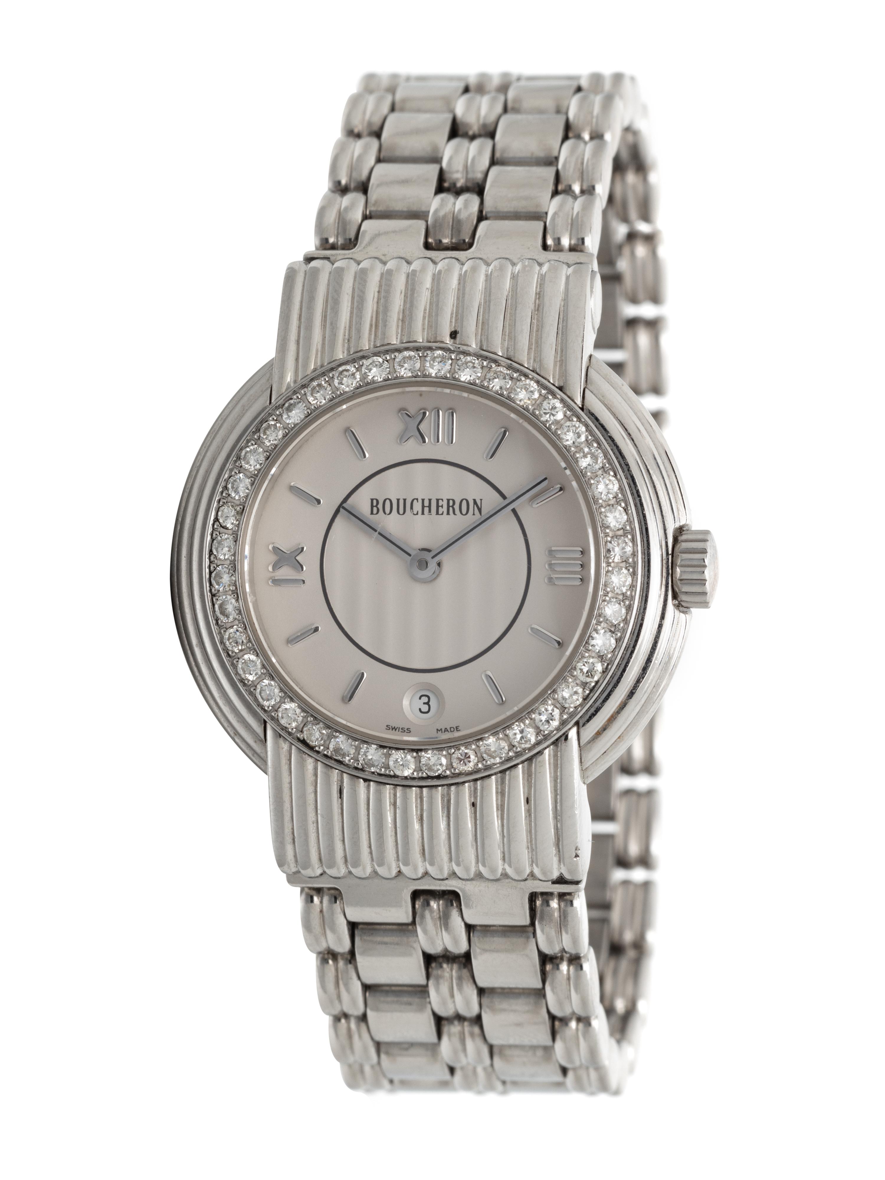 BOUCHERON, STAINLESS STEEL AND DIAMOND WATCH