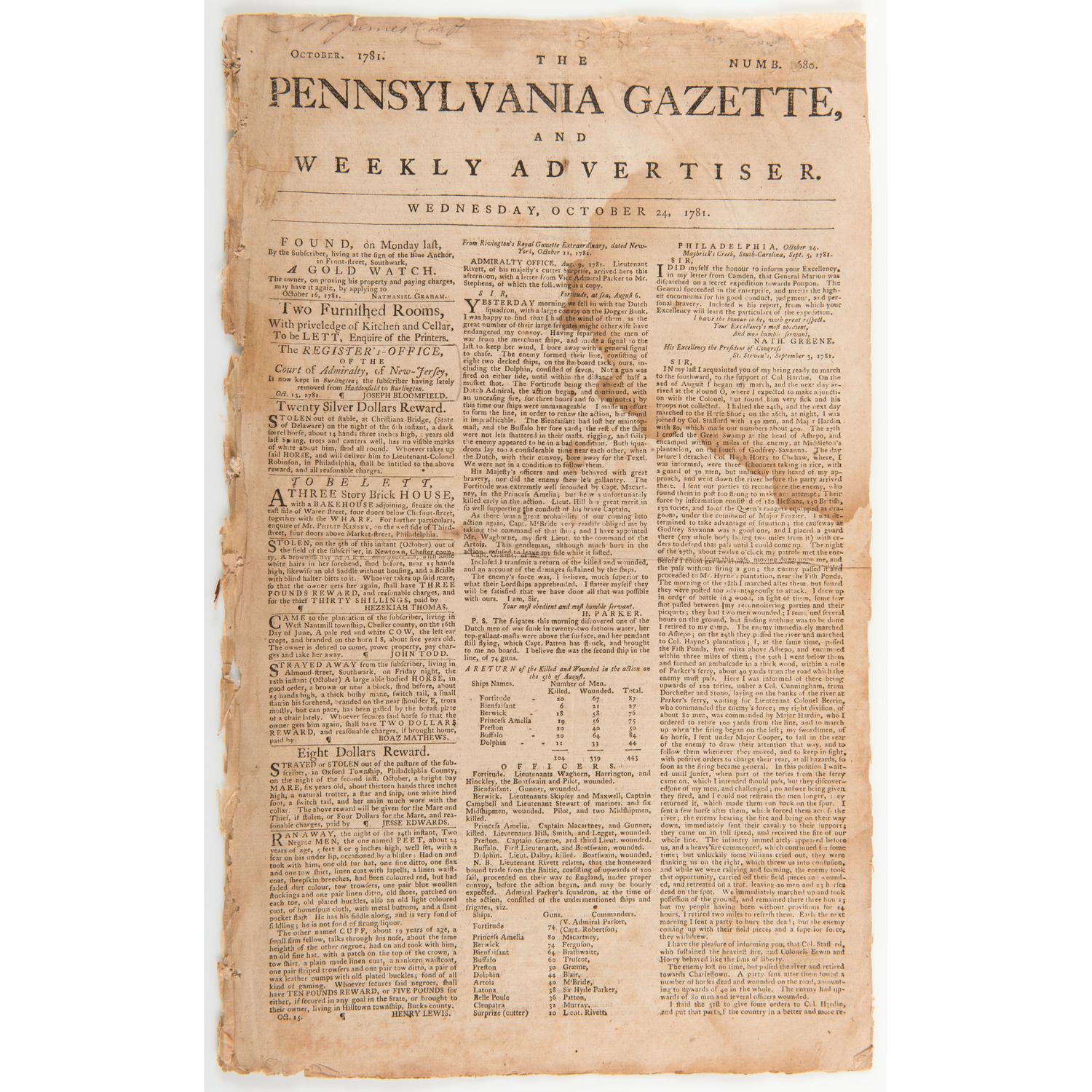 General Cornwallis' Surrender to George Washington at Yorktown, First "Breaking News" Reported in Pennsylvania Gazette and Weekly Advertiser , 1781