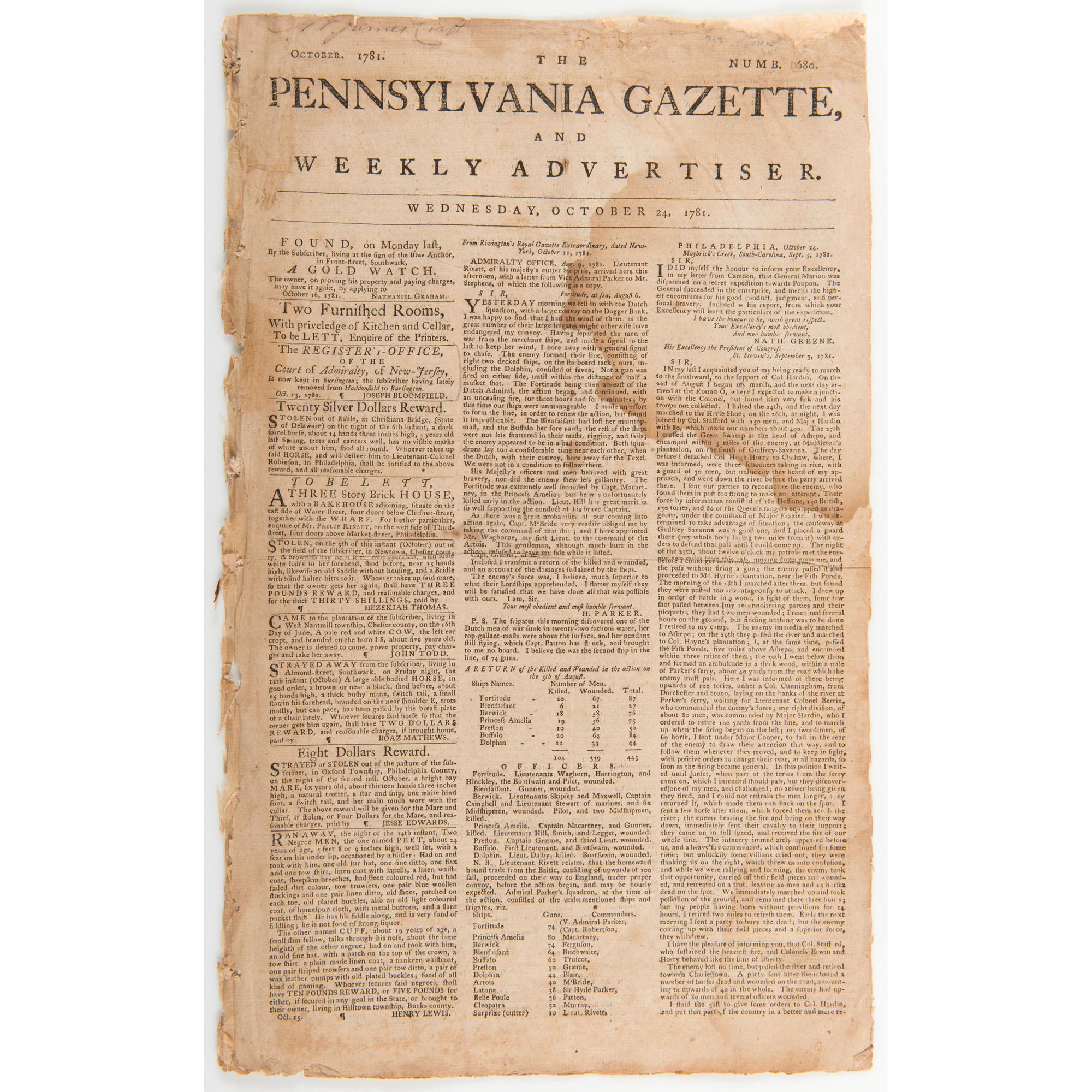 General Cornwallis' Surrender to George Washington at Yorktown, First "Breaking News" Reported in Pennsylvania Gazette and Weekly Advertiser , 1781