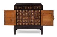 A Chinese Lacquered Apothecary Cabinet Height 21 3/4 x width 21 x depth 10 1/2 inches. — LATE 19TH CENTURY