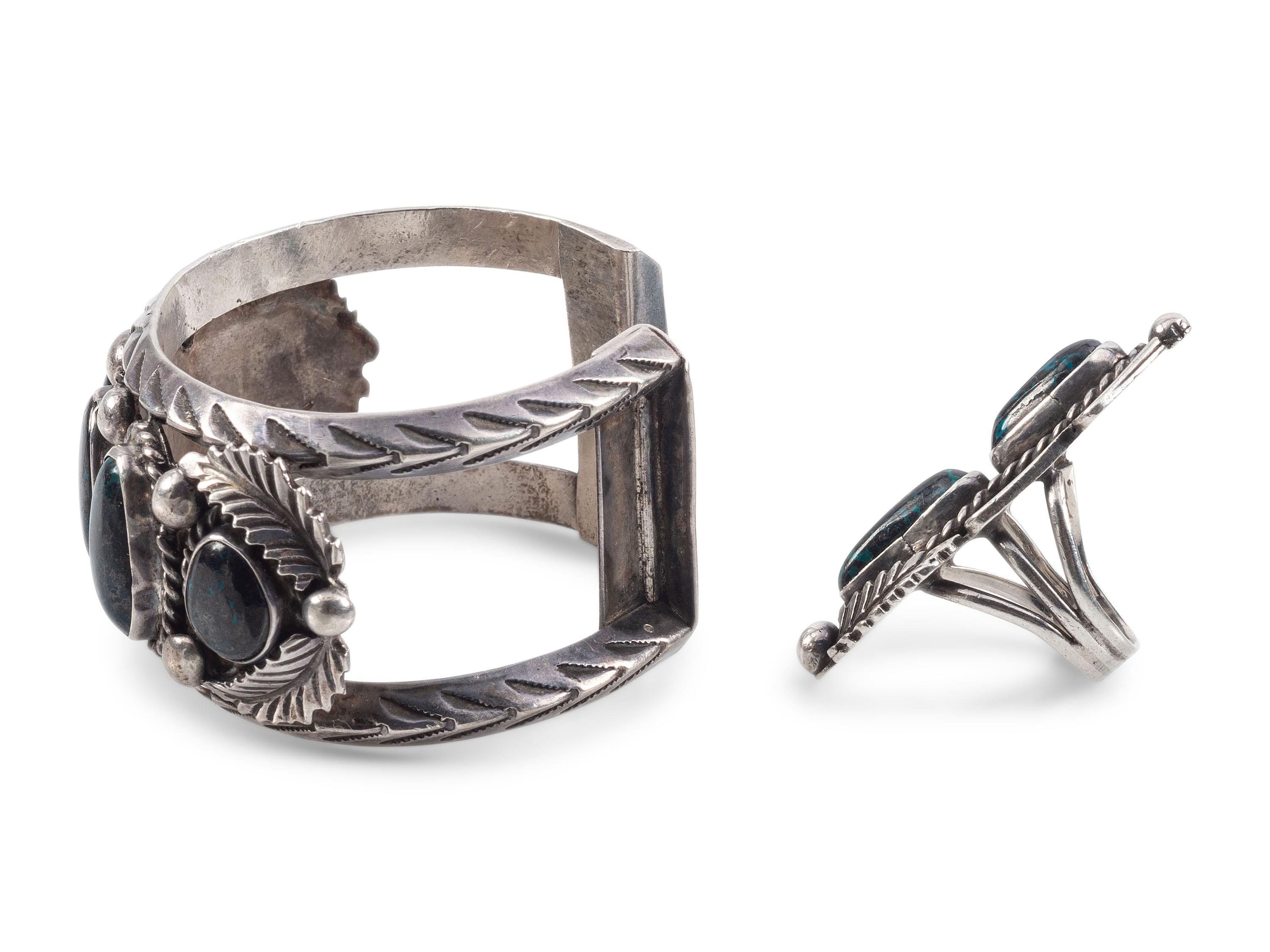 Navajo Matching Squash Blossom, Cuff Bracelet, Ring, and Necklace