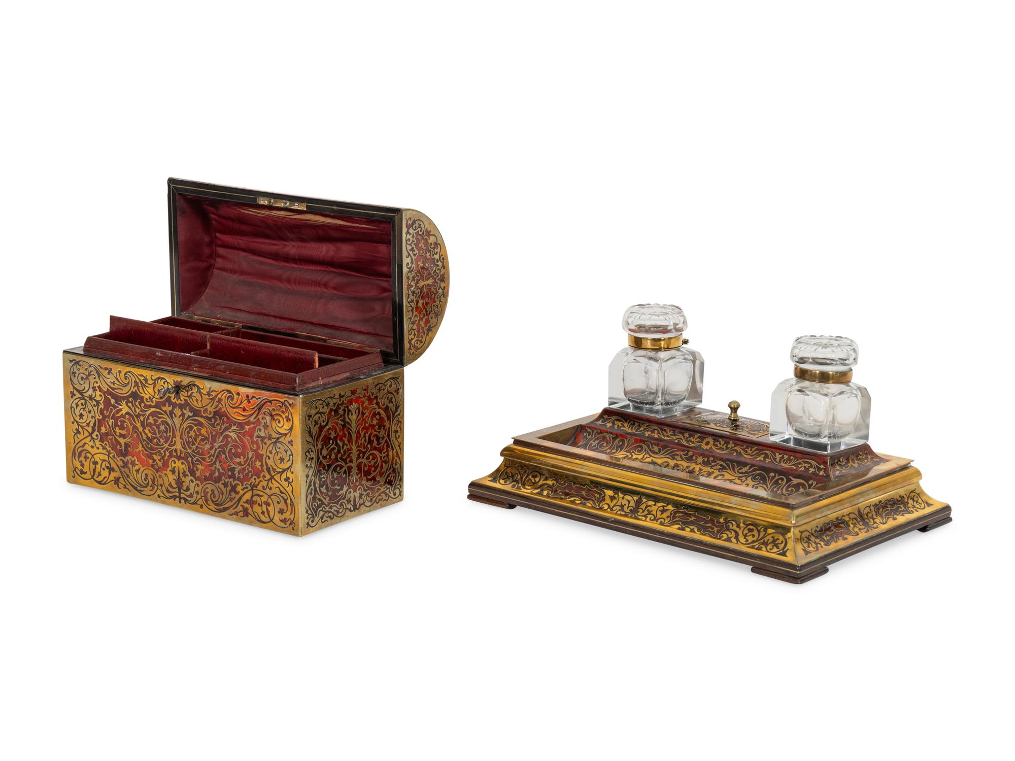 A French Boulle Marquetry and Tortoise Shell Standish and Domed Letter Box