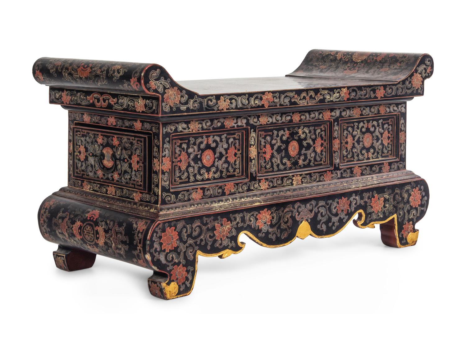 A Chinese Export Black Lacquer Bench