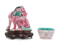 Two Polychrome Enameled Porcelain Articles Height of larger 9 inches.