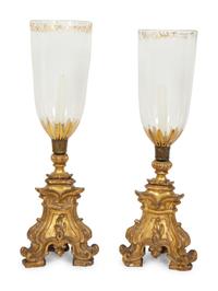 A Pair of Italian Giltwood Altar Candlesticks with Hurricane Shades