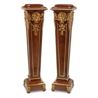 A Pair of Louis XIV Style Gilt Bronze Mounted Parquetry Pedestals