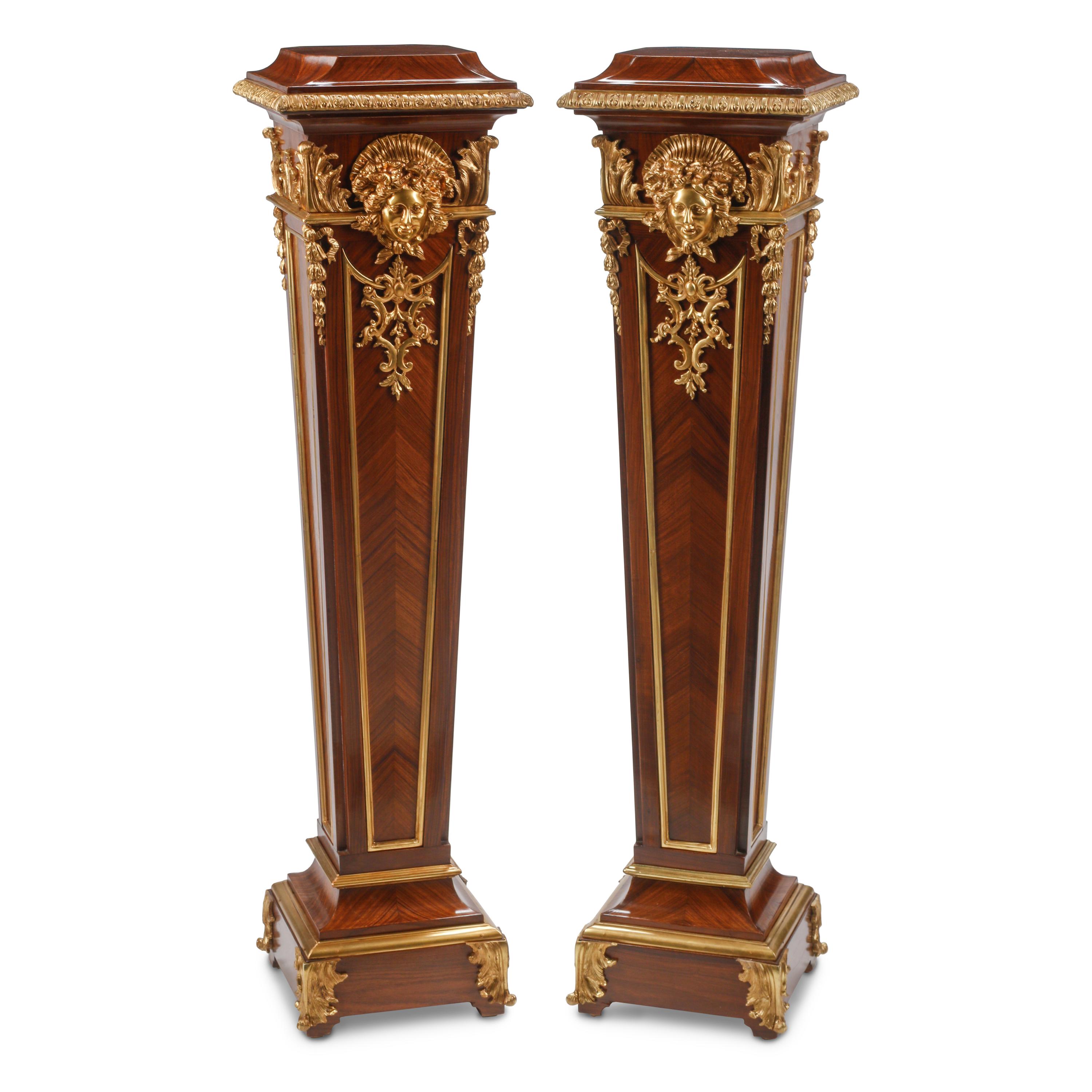 A Pair of Louis XIV Style Gilt Bronze Mounted Parquetry Pedestals
