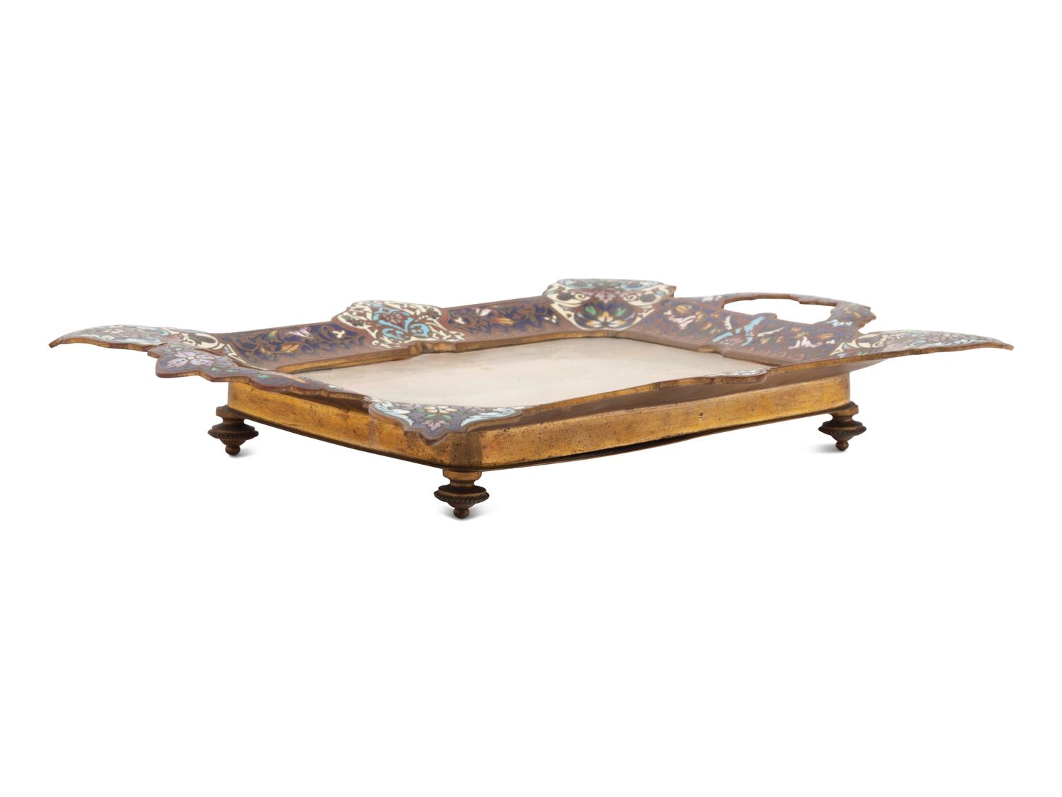 A French Gilt Bronze, Onyx and Champlevé Enamel Card Tray
