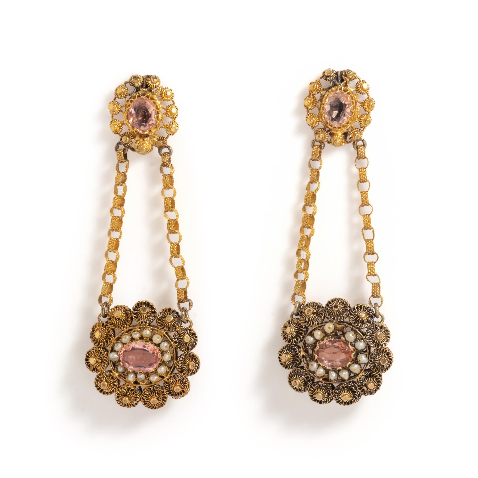 GEORGIAN, YELLOW GOLD, TOPAZ AND SEED PEARL EARRINGS