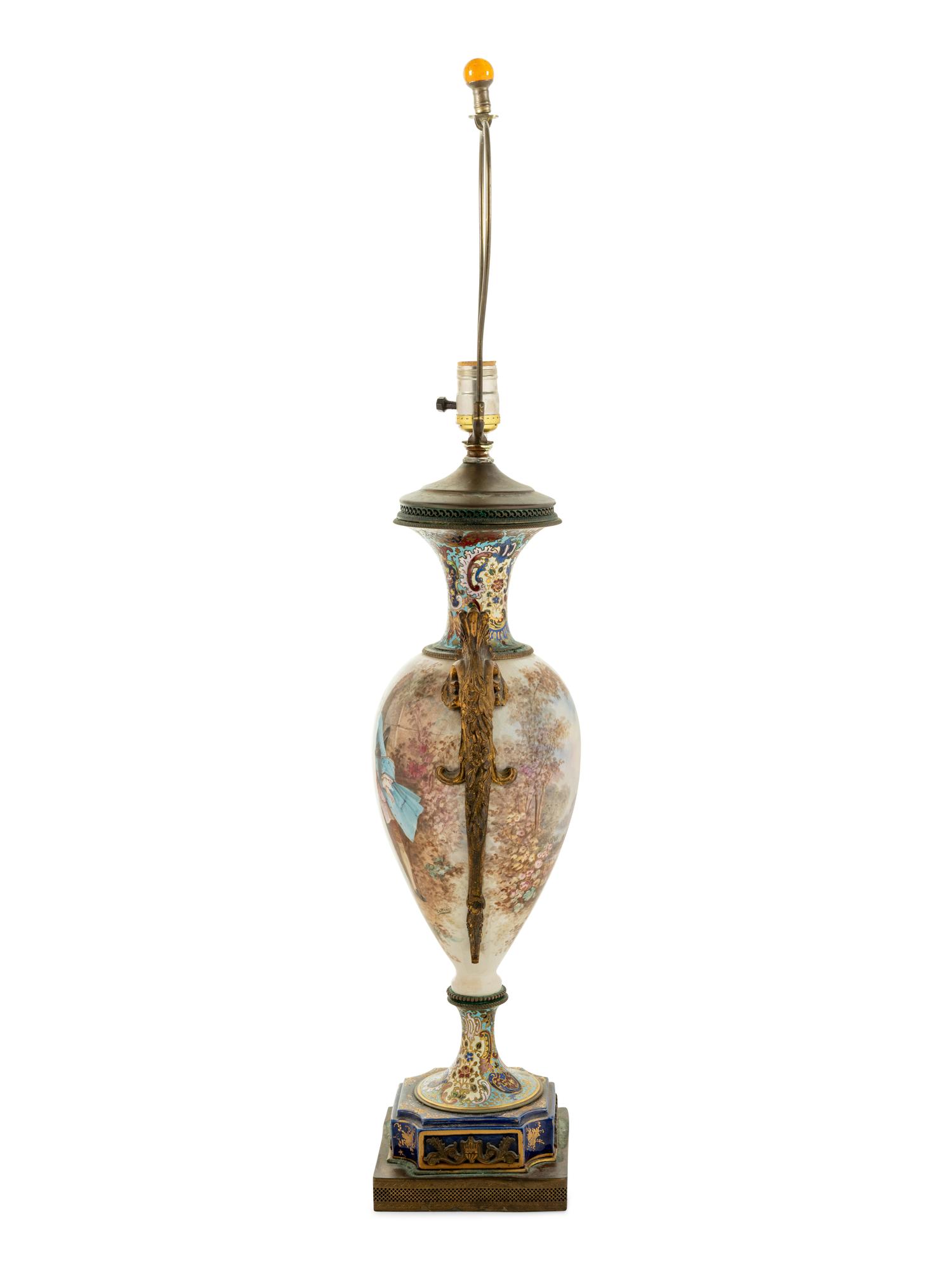 A Sèvres Style Gilt Bronze Mounted Porcelain and Champlevé Urn Mounted as a Lamp