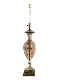 A Sèvres Style Gilt Bronze Mounted Porcelain and Champlevé Urn Mounted as a Lamp