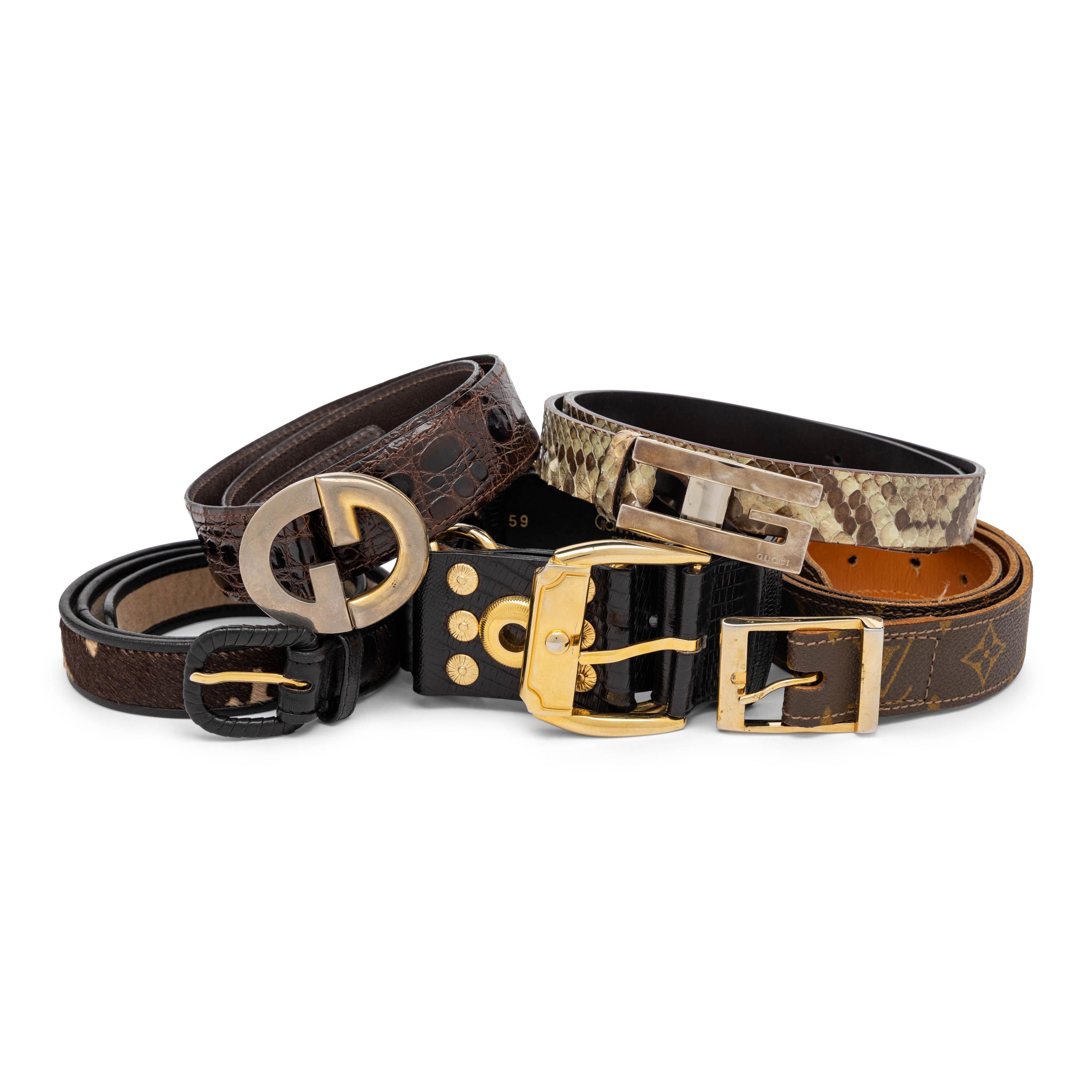Group of Five Designer Belts including Gucci and Gianni Versace
