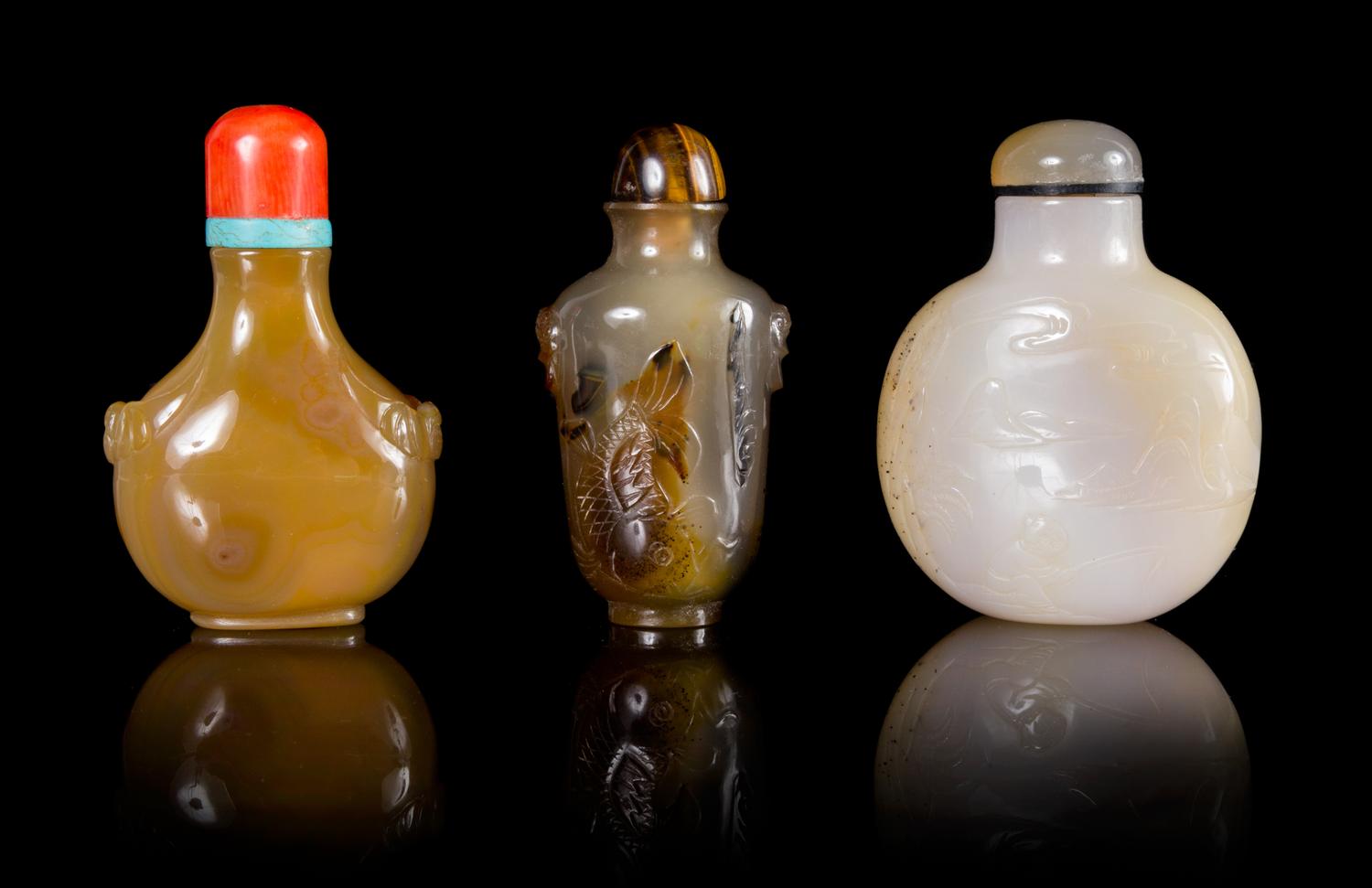 Three Agate Snuff Bottles Height of tallest 2 3/4 inches.
