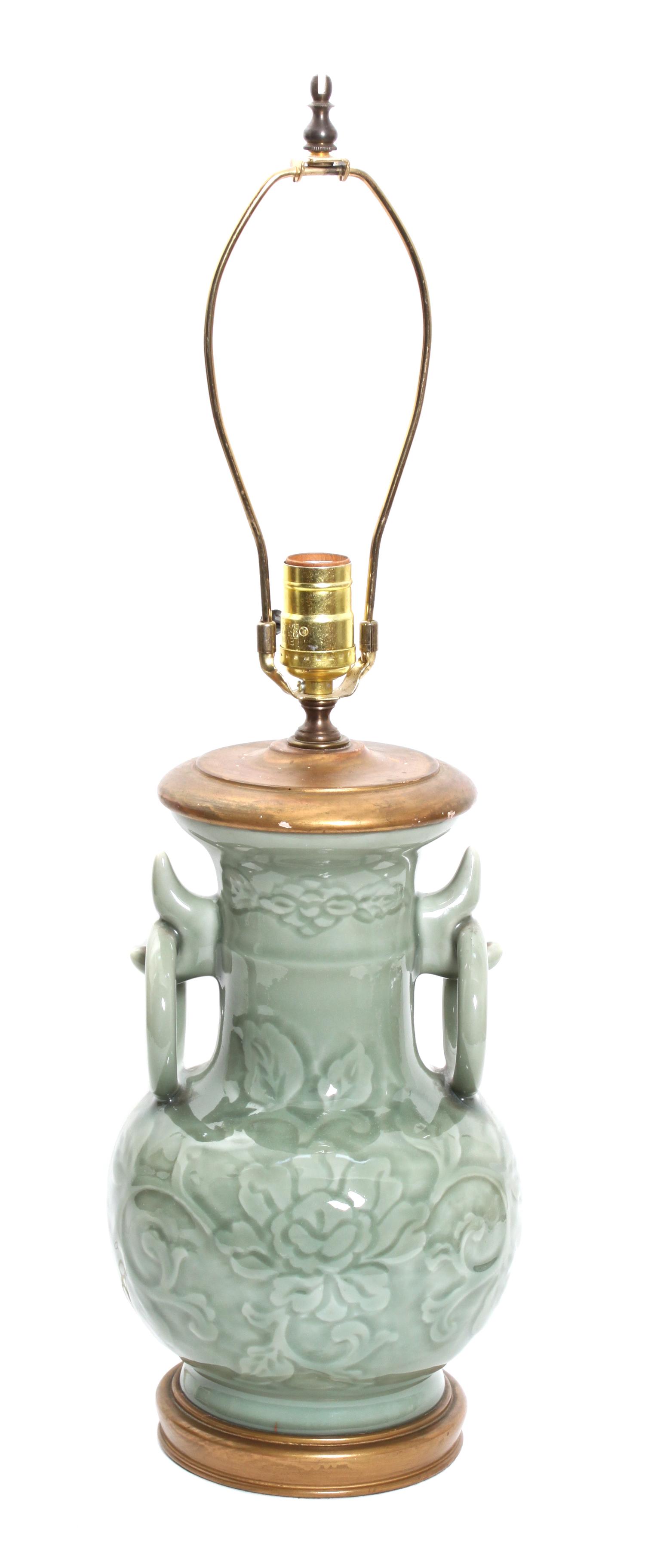 A Celadon Handled Vase Height 13 inches