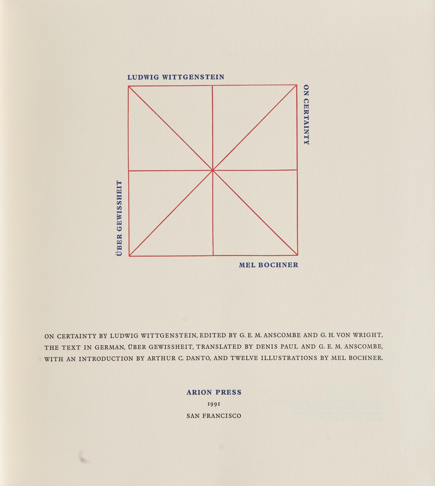 [FINE PRESS - ARION PRESS]. WITTGENSTEIN, Ludwig (1889-1951). On Certainty . San Francisco: Arion Press, 1991.