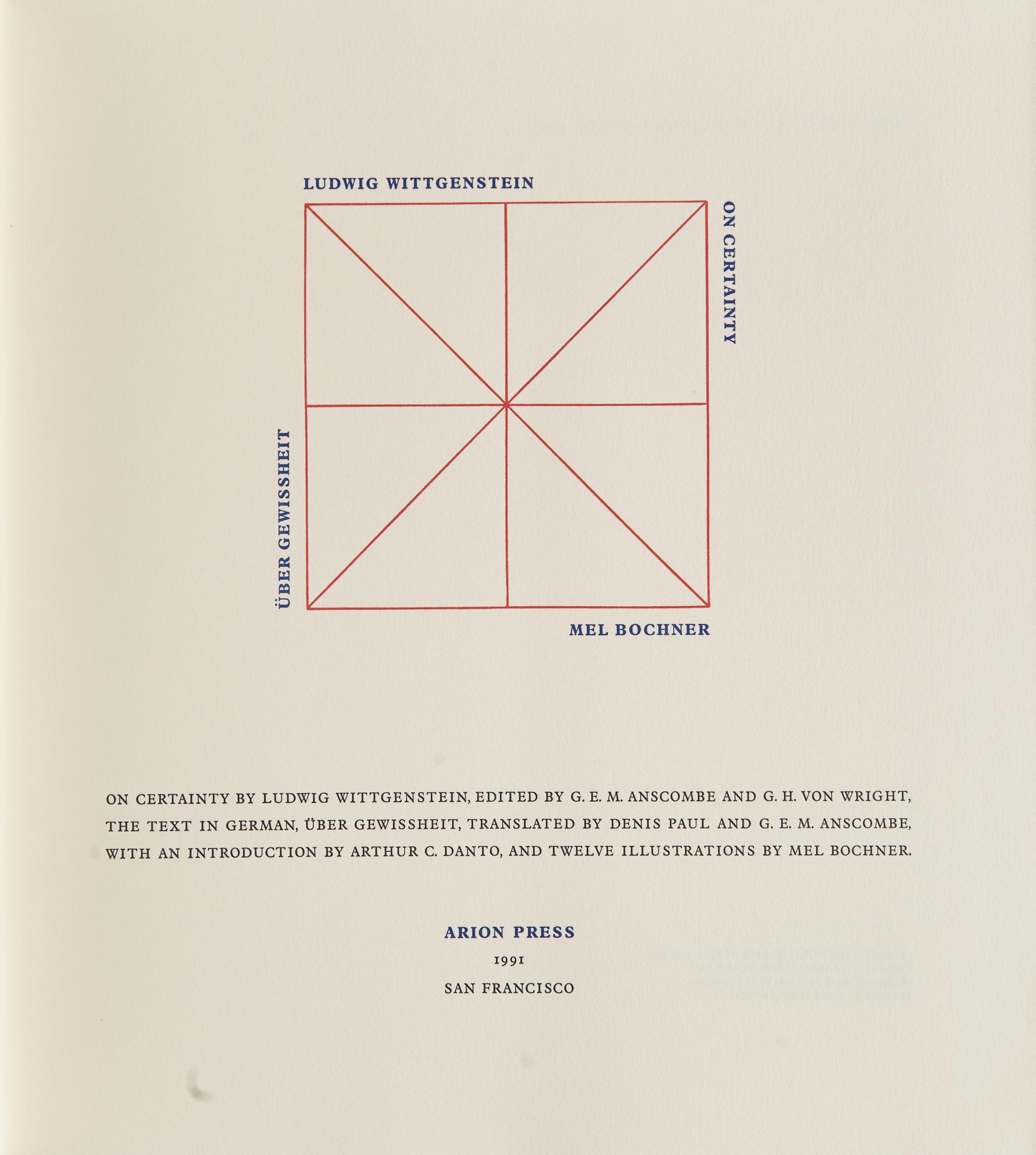 [FINE PRESS - ARION PRESS]. WITTGENSTEIN, Ludwig (1889-1951). On Certainty . San Francisco: Arion Press, 1991.
