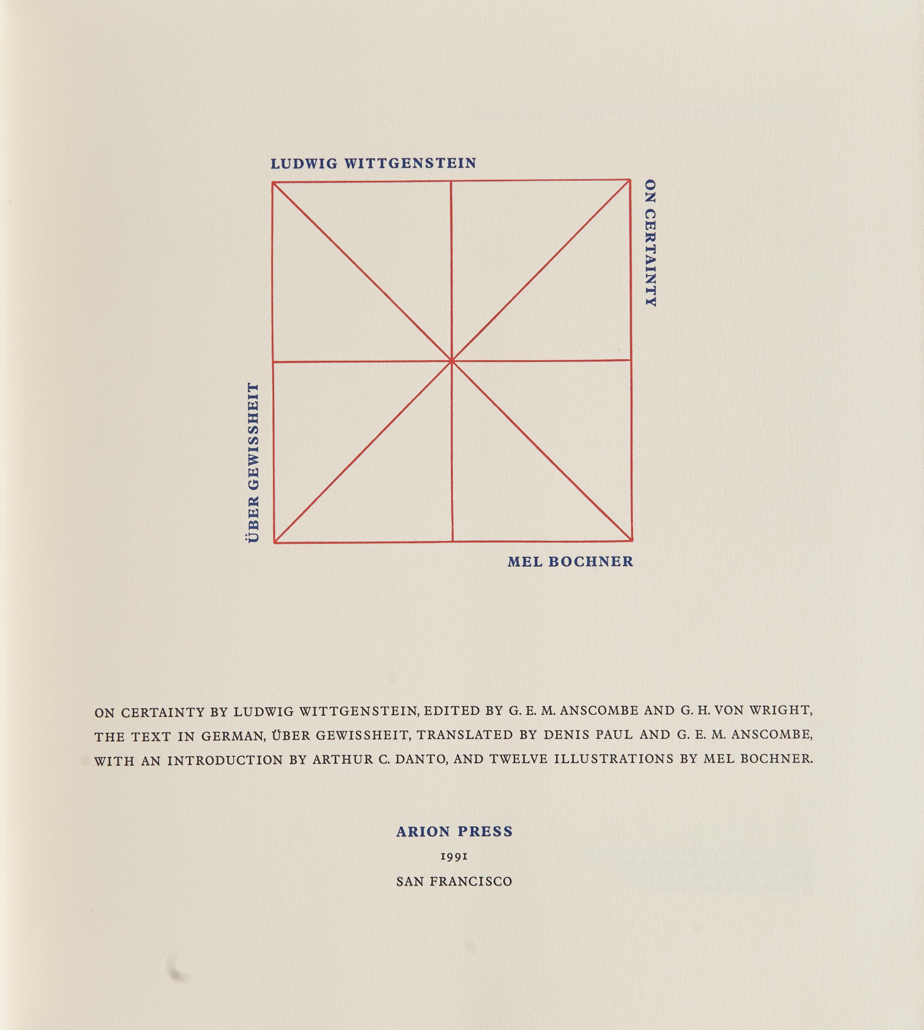 [FINE PRESS - ARION PRESS]. WITTGENSTEIN, Ludwig (1889-1951). On Certainty . San Francisco: Arion Press, 1991.