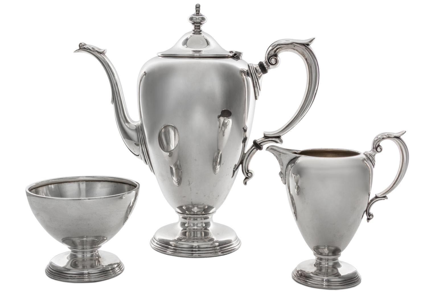 An American Silver Three-Piece Coffee Set, Wallace Silversmiths, Wallingford, CT, Mid 20th Century, Windmere pattern, comprising a coff