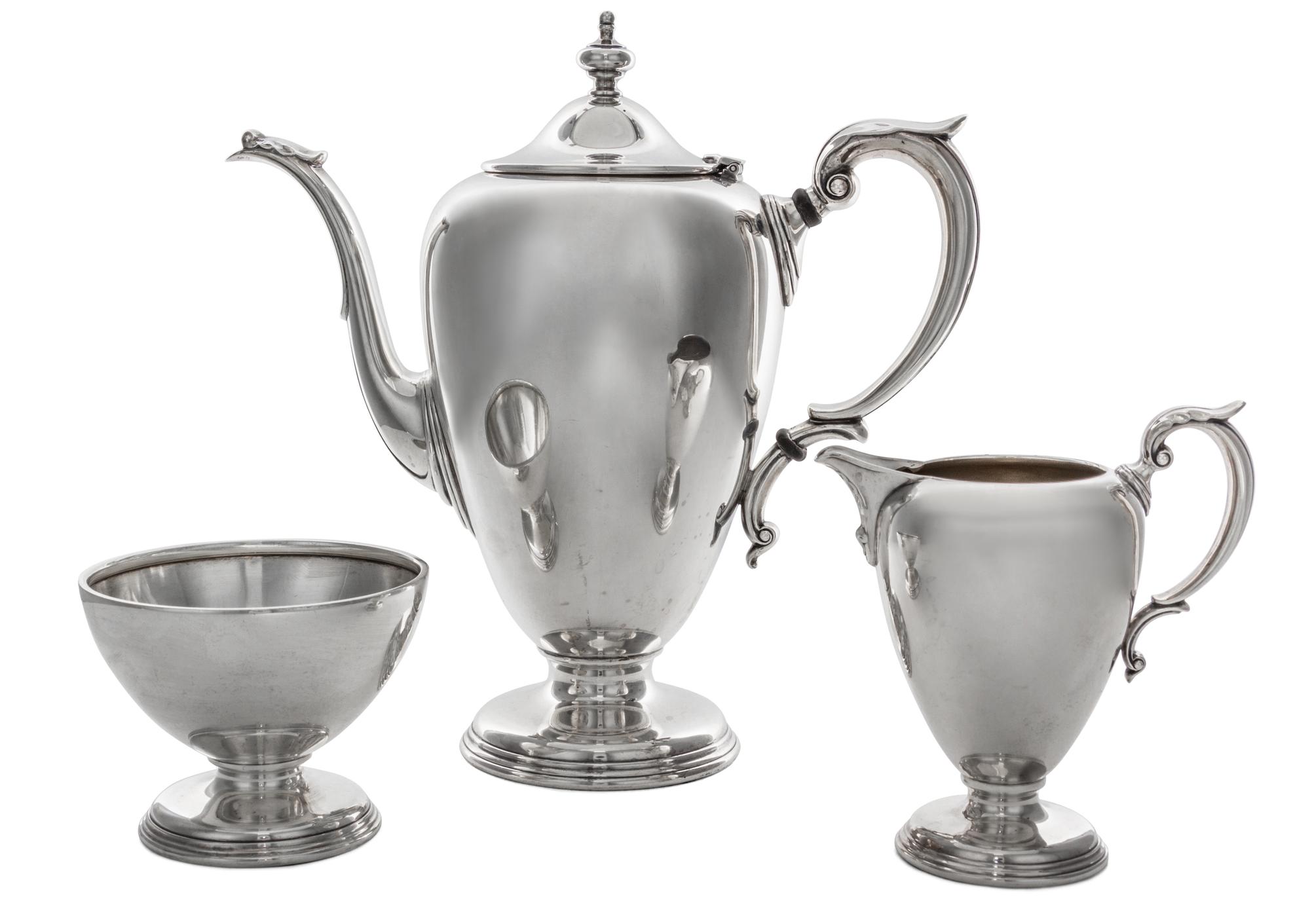 An American Silver Three-Piece Coffee Set, Wallace Silversmiths, Wallingford, CT, Mid 20th Century, Windmere pattern, comprising a coff