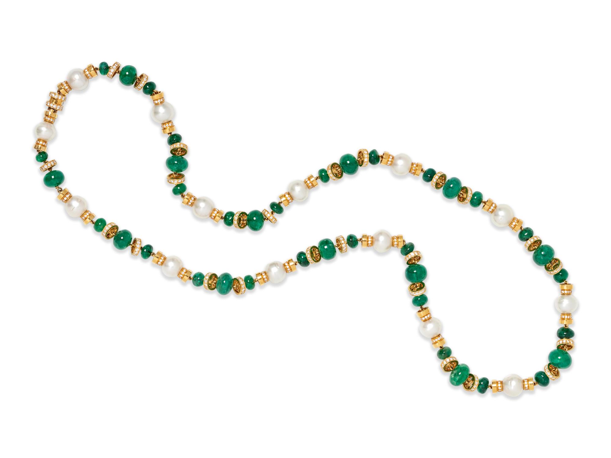 Diamond, Emerald, and Cultured Pearl Necklace