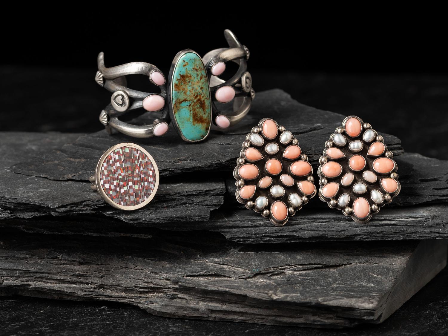 Sterling Silver, Coral, and Turquoise Cuff Bracelet, PLUS