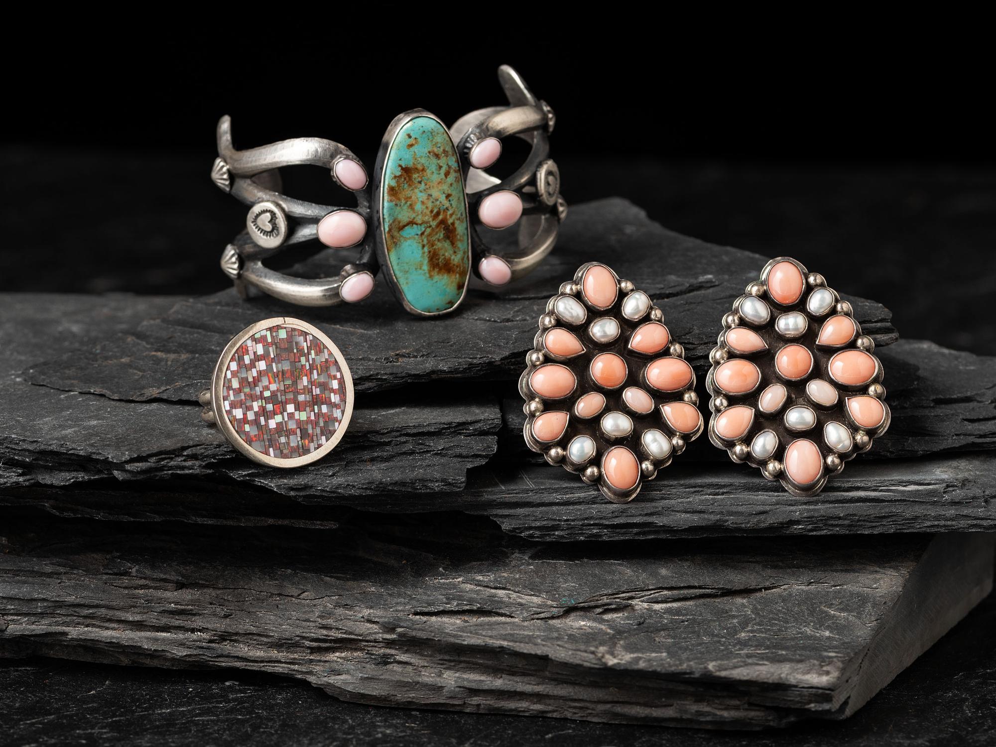 Sterling Silver, Coral, and Turquoise Cuff Bracelet, PLUS