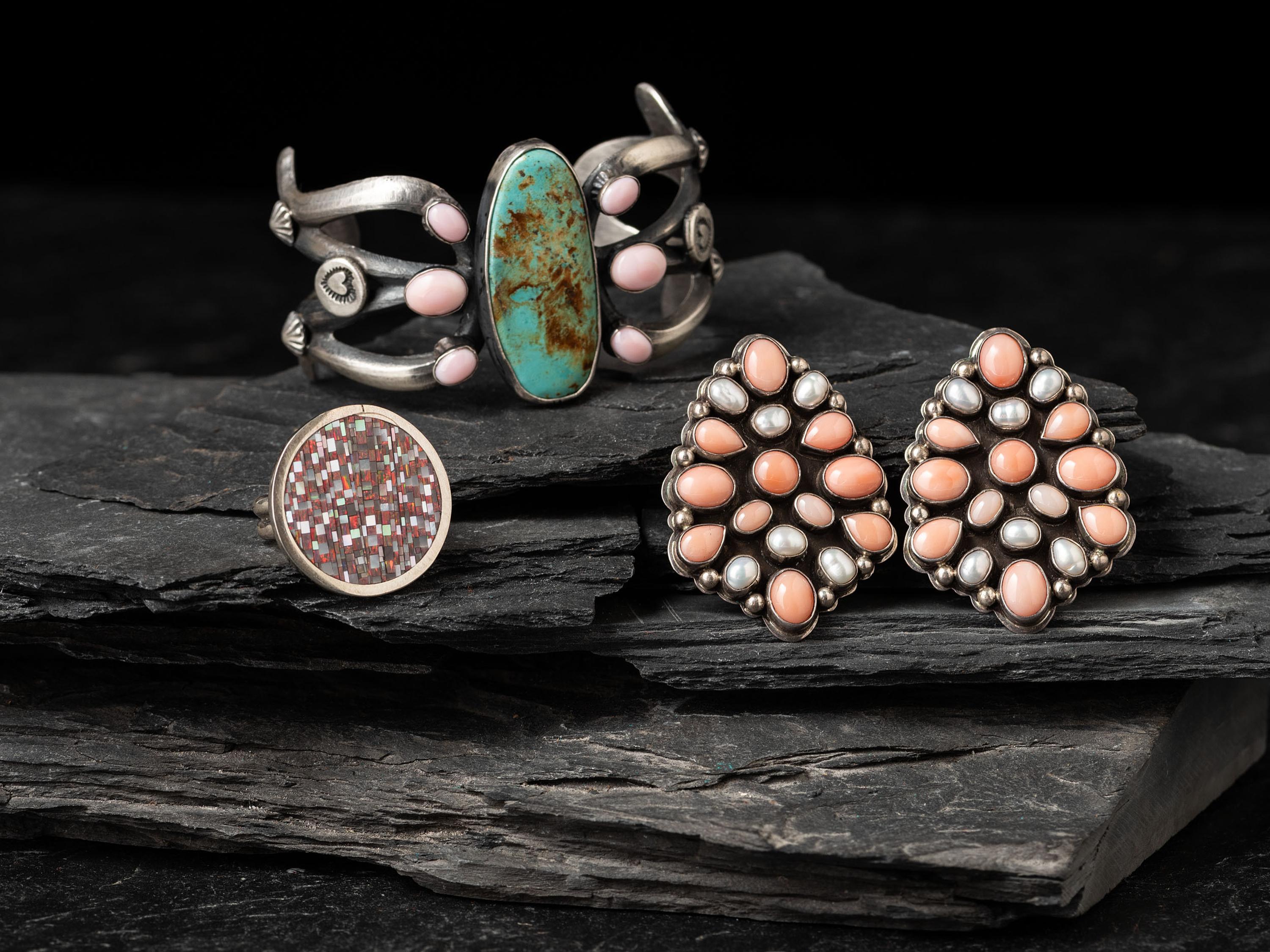 Sterling Silver, Coral, and Turquoise Cuff Bracelet, PLUS