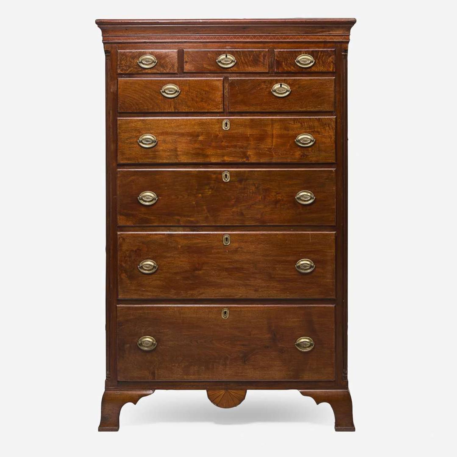 A Chippendale carved and inlaid walnut tall chest Probably Chester County, PA, circa 1780-1790