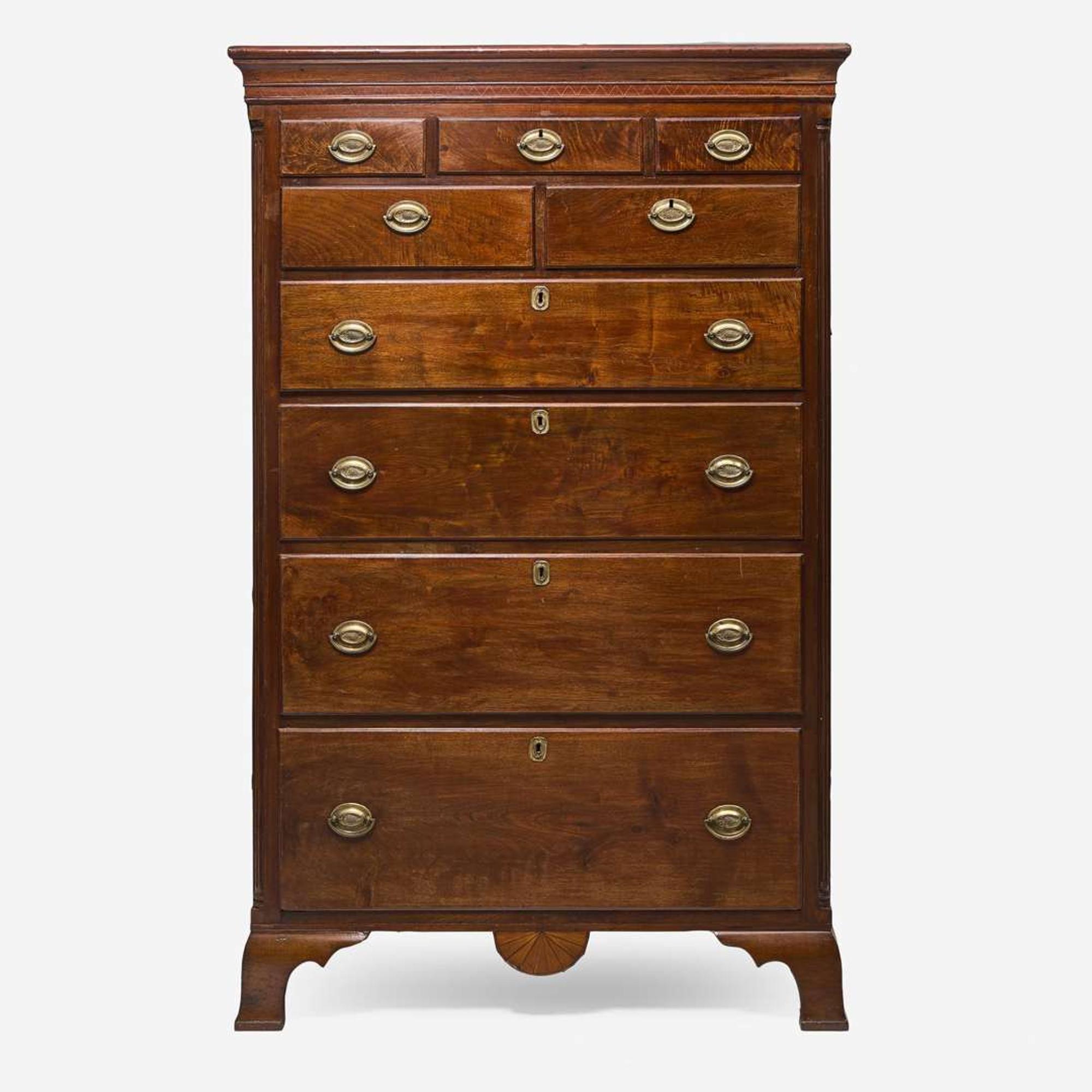 A Chippendale carved and inlaid walnut tall chest Probably Chester County, PA, circa 1780-1790