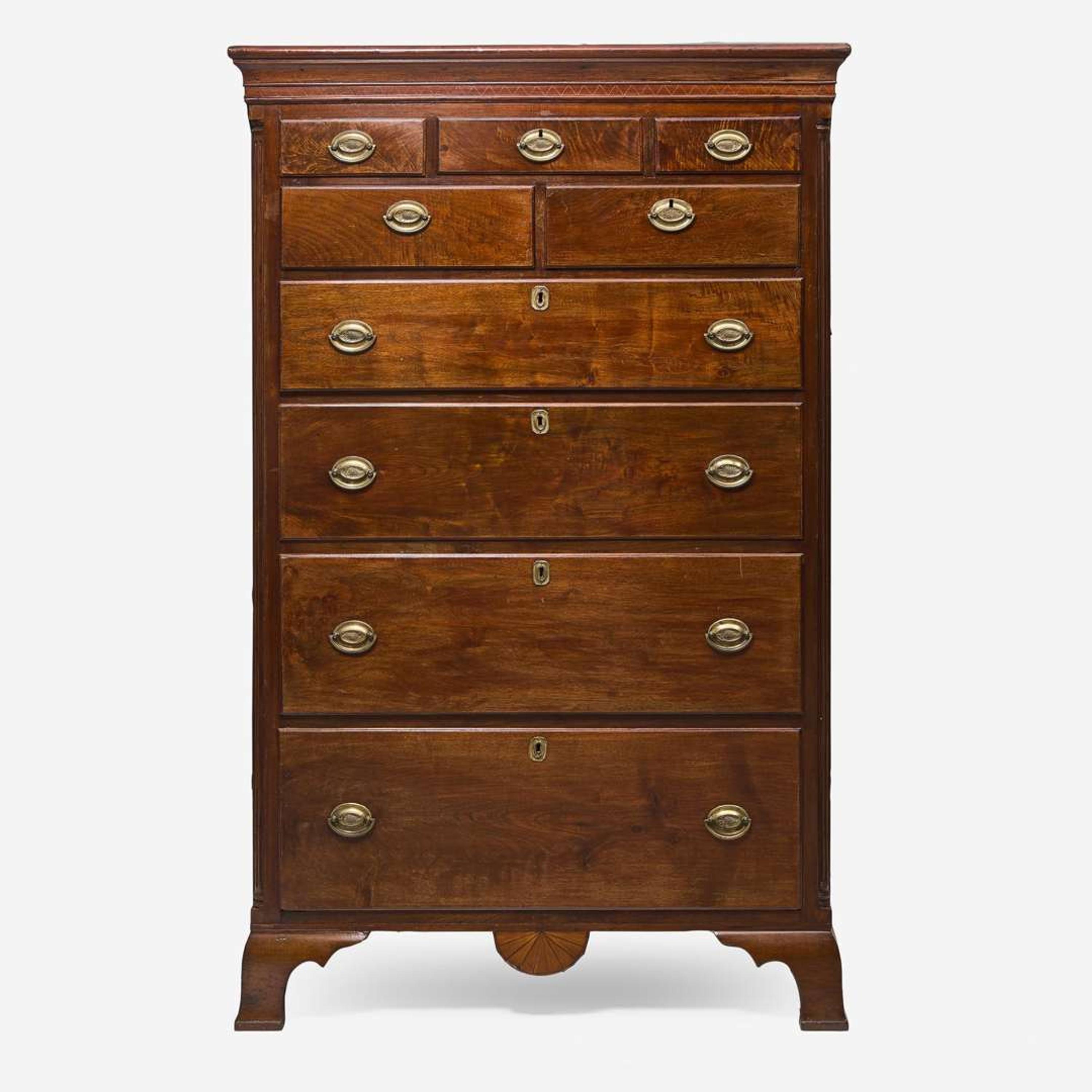 A Chippendale carved and inlaid walnut tall chest Probably Chester County, PA, circa 1780-1790