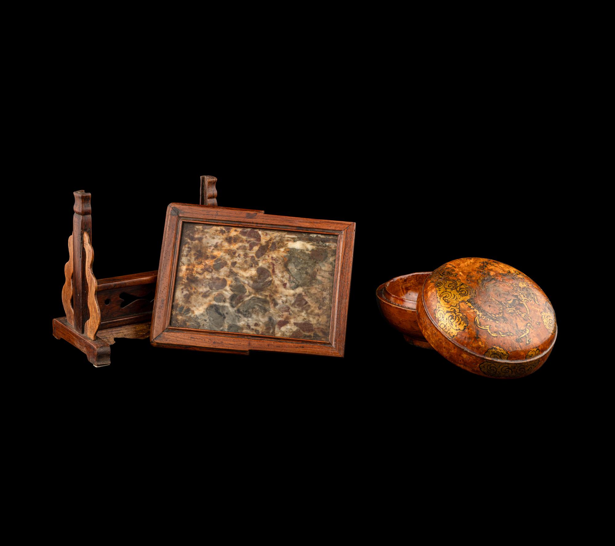 A Chinese Dream Stone Inset Huali Wood Table Screen and A Gilt Lacquered Wood Covered Box