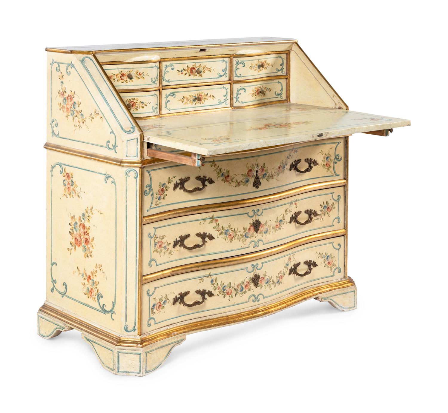 A Venetian Style Painted and Parcel-Gilt Slant-Front Bureau and Matching Hanging Vitrine