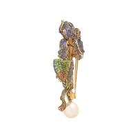 EVELYN CLOTHIER, AN ELEGANT PLIQUE-À-JOUR ENAMEL, DIAMOND AND CULTURED SOUTH SEA PEARL IRIS BROOCH