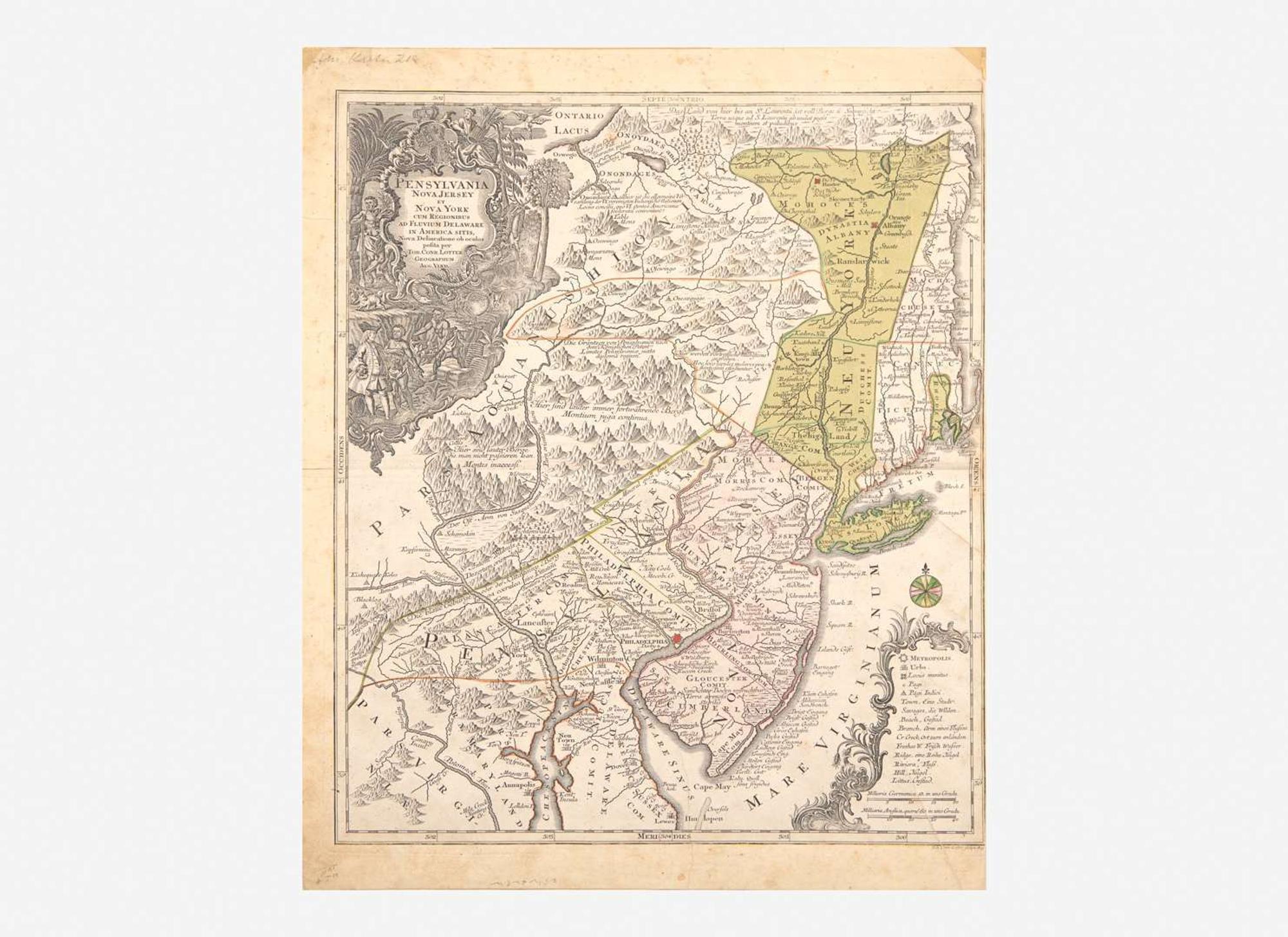 [Maps & Atlases] Lotter, Tob(ias). Conr(ad).: Pensylvania Nova Jersey et Nova York cum Regionibus ad Fluvium Delaware in America Sitis...