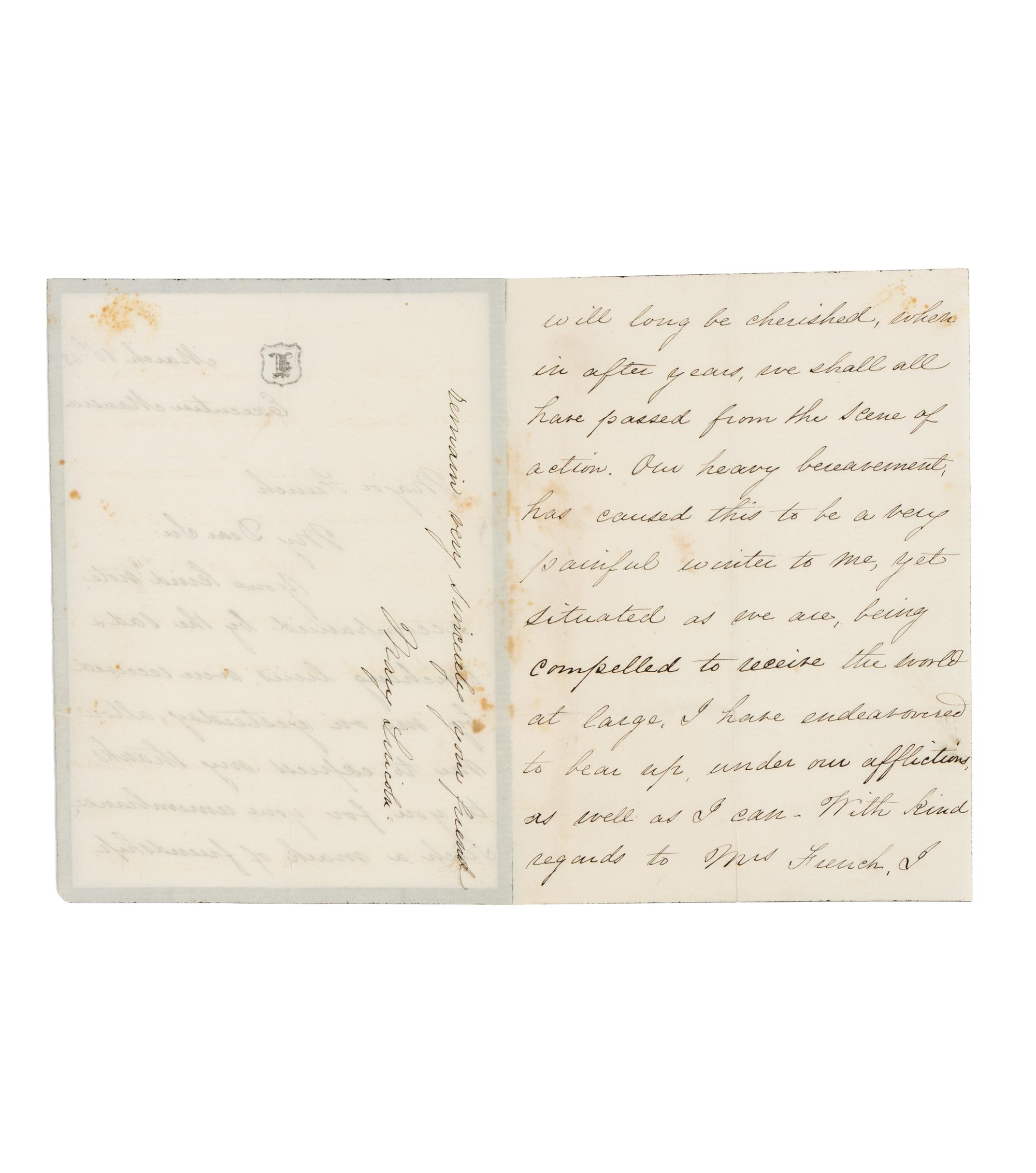 LINCOLN, Mary Todd (1818-1882). Autograph letter signed ("Mary Lincoln") to B.B. French, Washington, D.C., 10 March 1863.