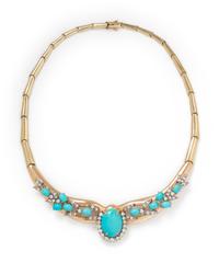 YELLOW GOLD, SYNTHETIC TURQUOISE AND DIAMOND NECKLACE
