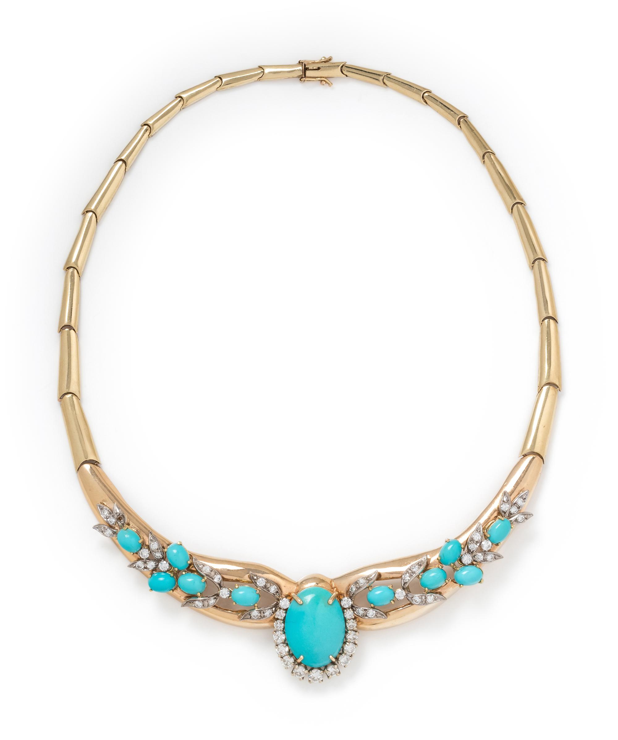 YELLOW GOLD, SYNTHETIC TURQUOISE AND DIAMOND NECKLACE