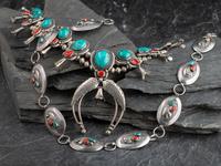 Navajo Silver, Coral, and Turquoise Squash Blossom Necklace and Link Concha Belt