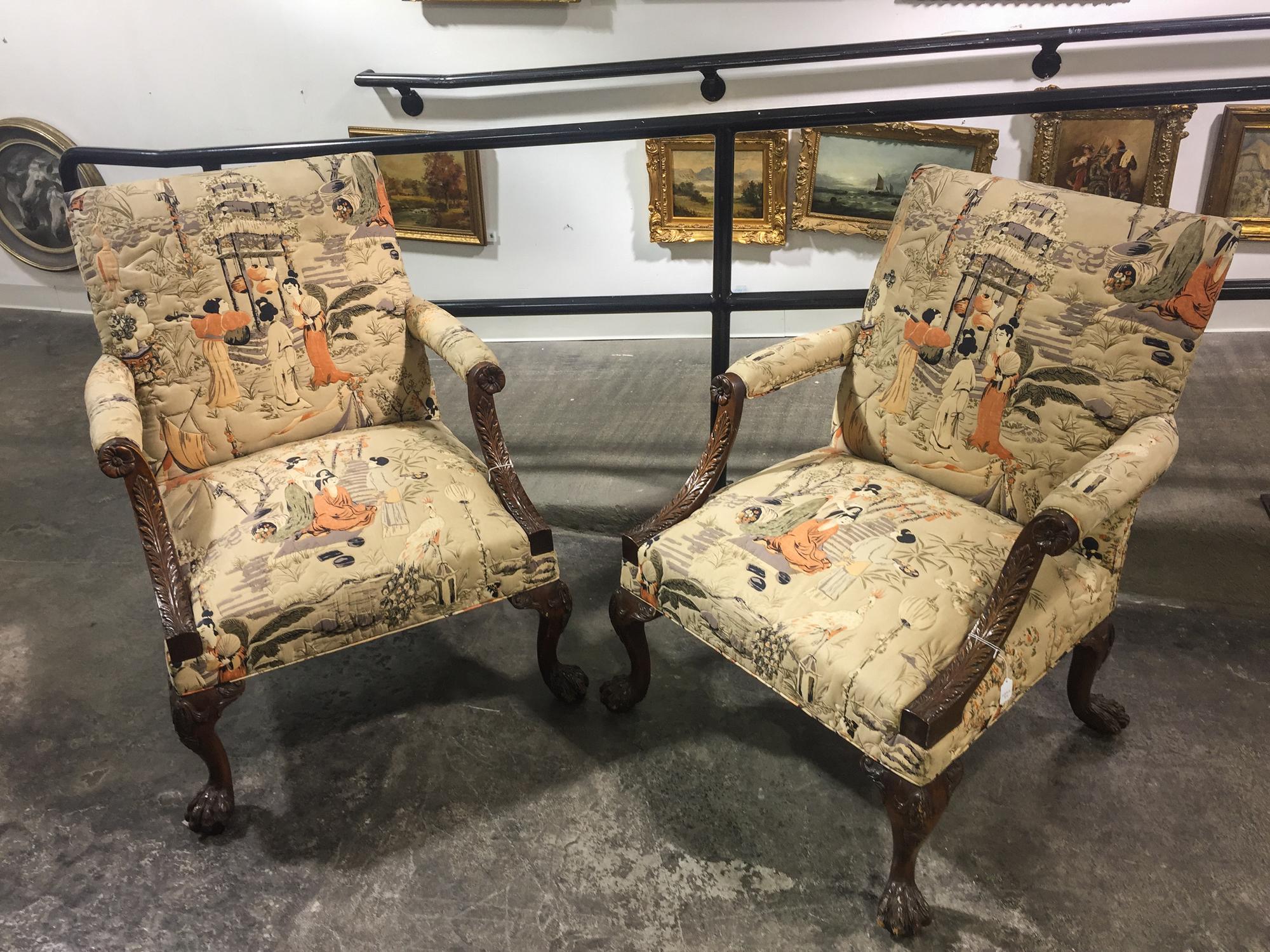 A Pair of George II Style Mahogany Library Chairs Height 38 x width 28 1/4 x depth 29 1/2 inches. — MID 20TH CENTURY