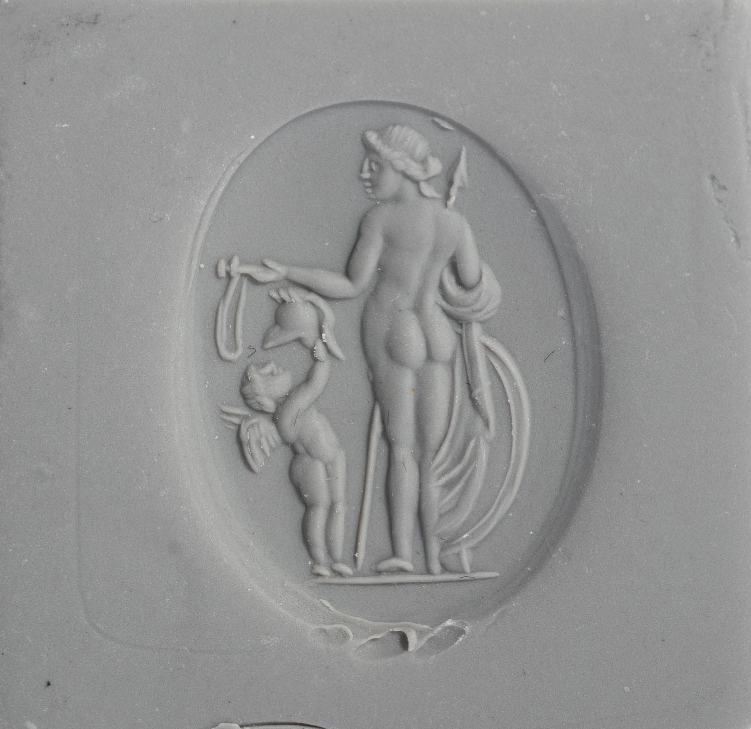 A Roman Nicolo Ring Stone with the Gods Aphrodite Areia and Eros — Set in a silver ring