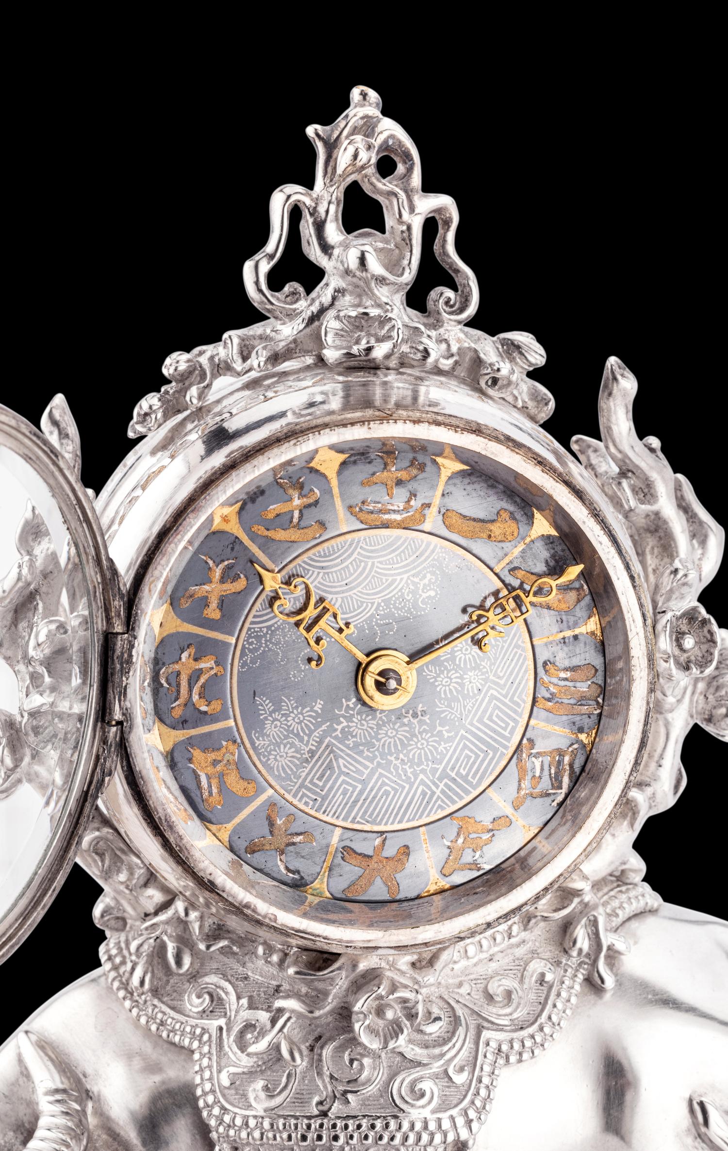 A Chinese Export Silvered Bronze Water Buffalo-Form Clock