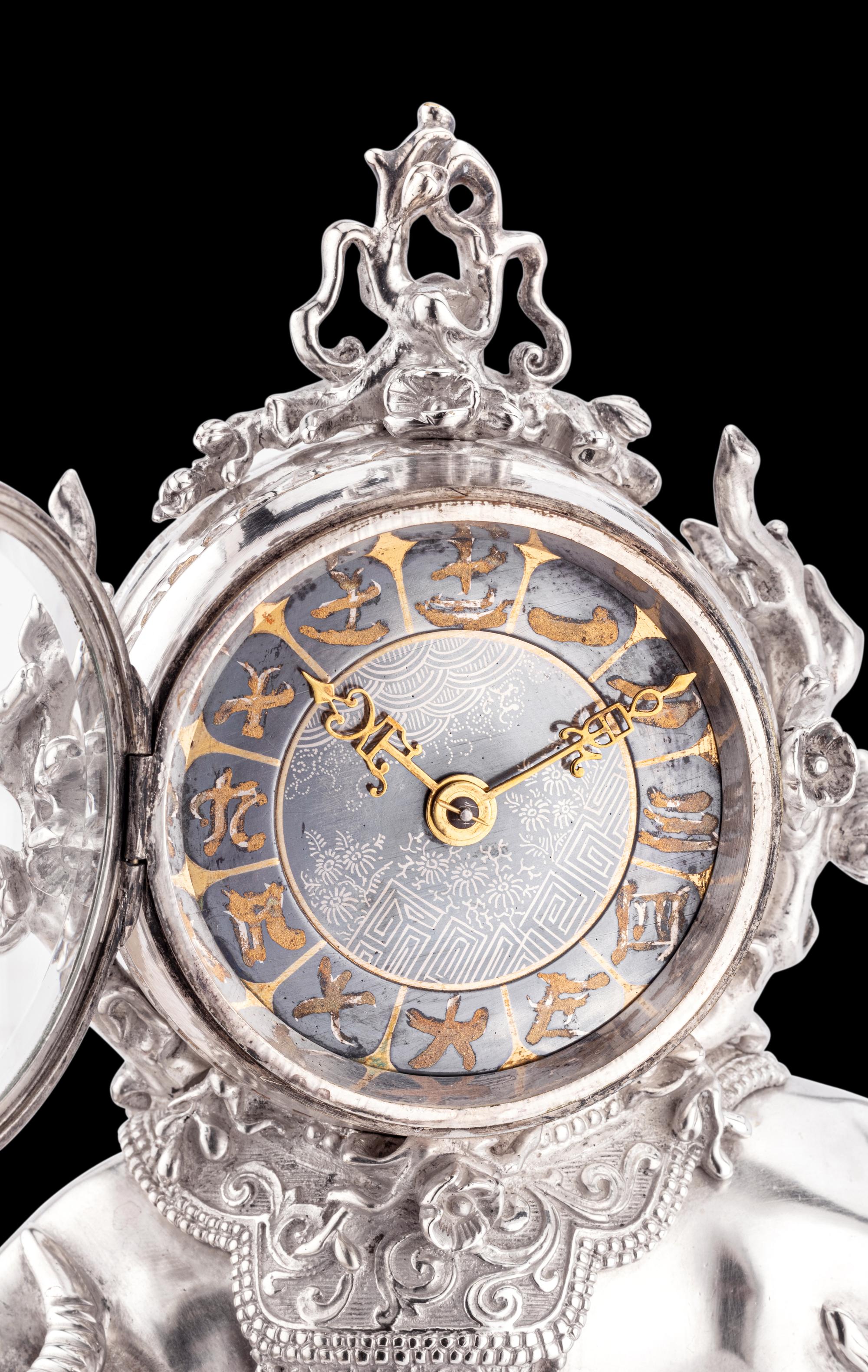 A Chinese Export Silvered Bronze Water Buffalo-Form Clock