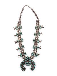 Navajo Silver and Turquoise Cluster Squash Blossom Necklace
