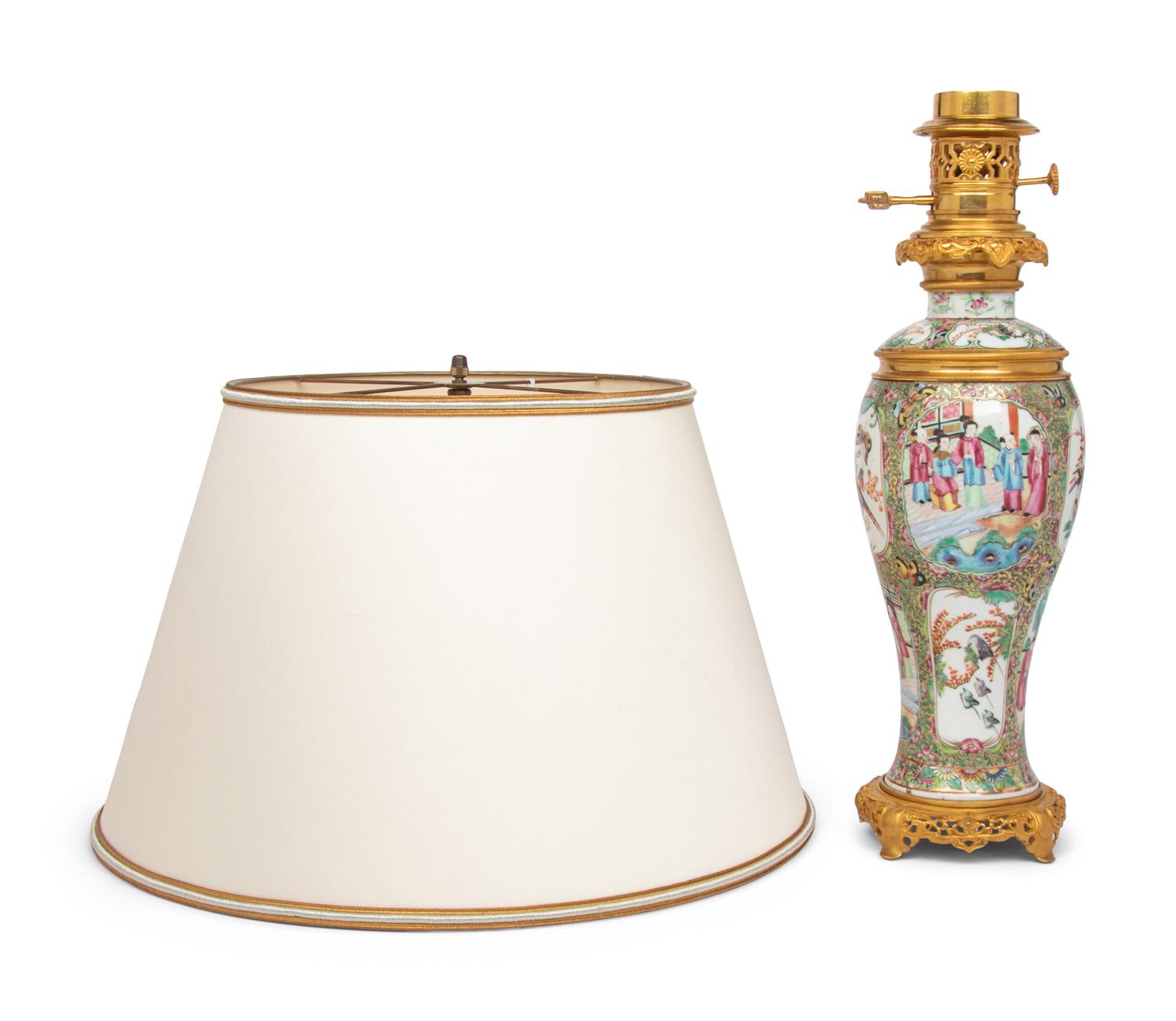 A Gilt Bronze and Rose Medallion Porcelain Vase Mounted as a Lamp